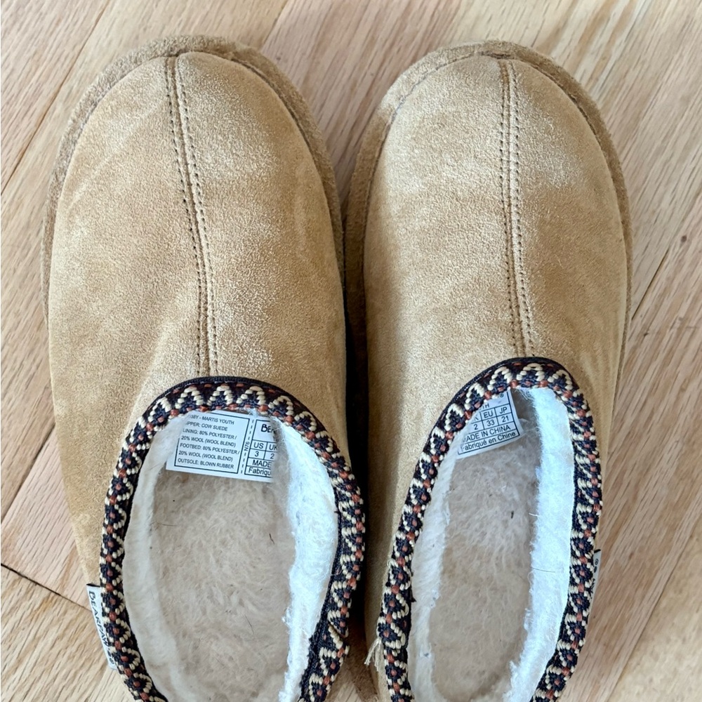 BearPaw Tan Suede Slippers with Patterned Trim